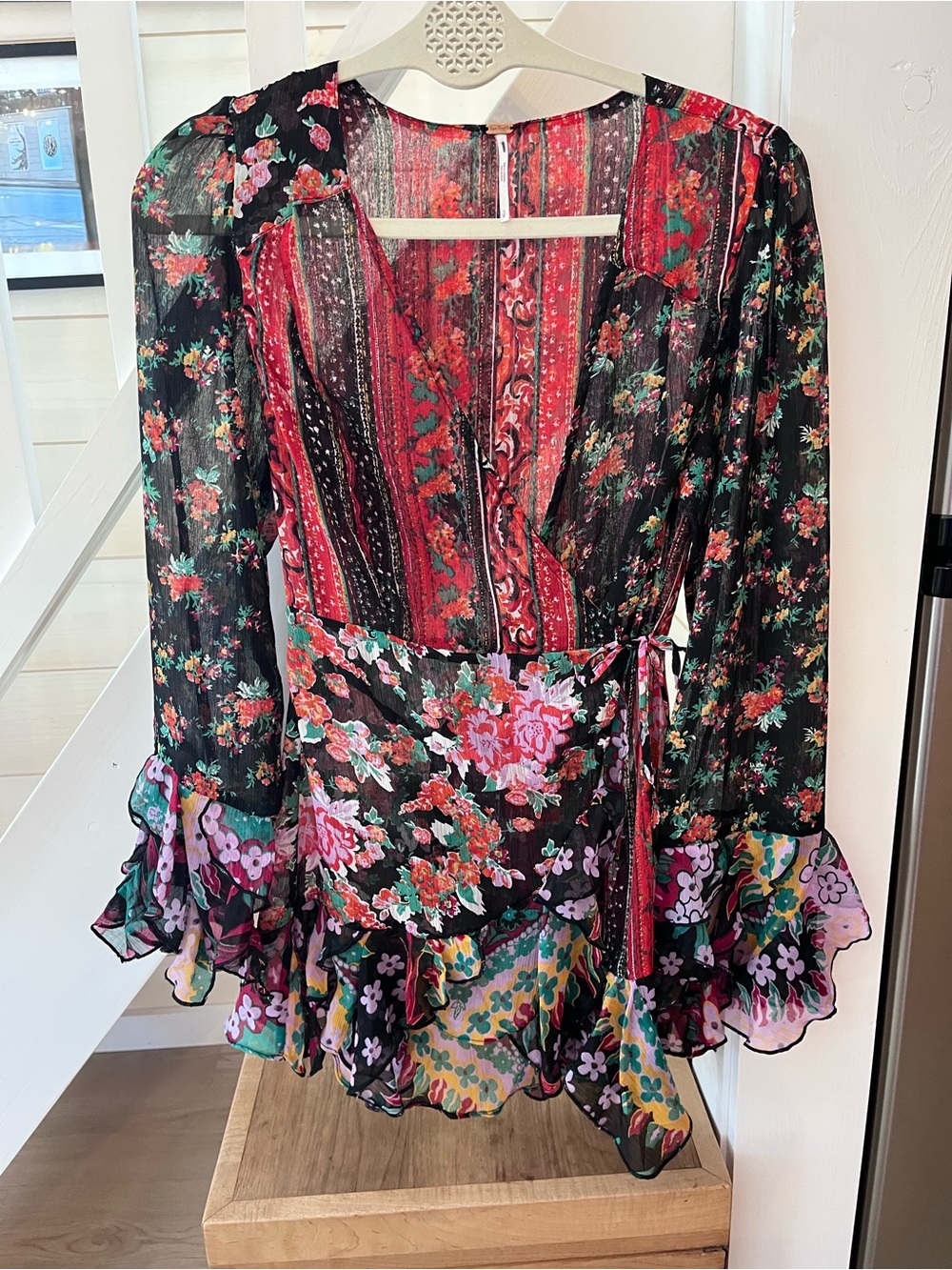 Free People Black Floral Wrap Tunic with Red and Pink Accents